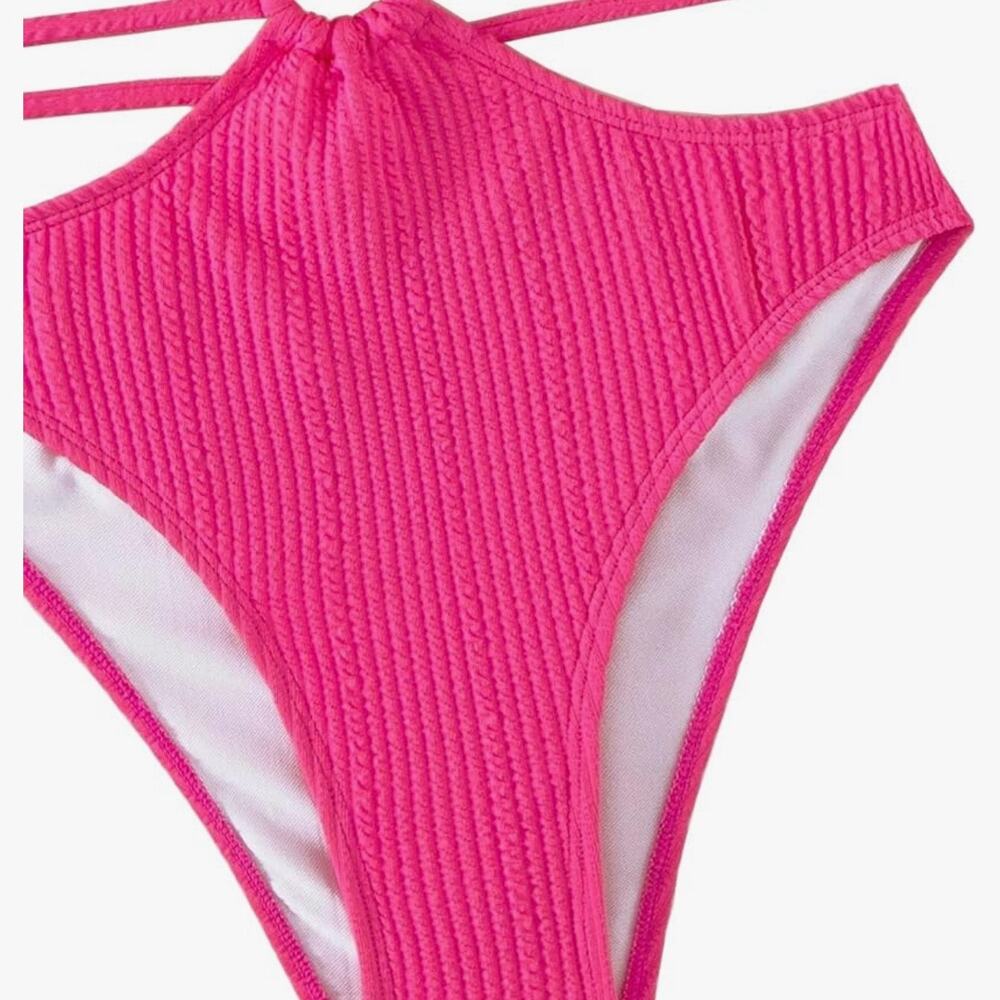 FlatterMe Pink Ribbed Cutout 1 Piece Swimsuit Ring Detail Crisscross Women Large - Picture 5 of 11